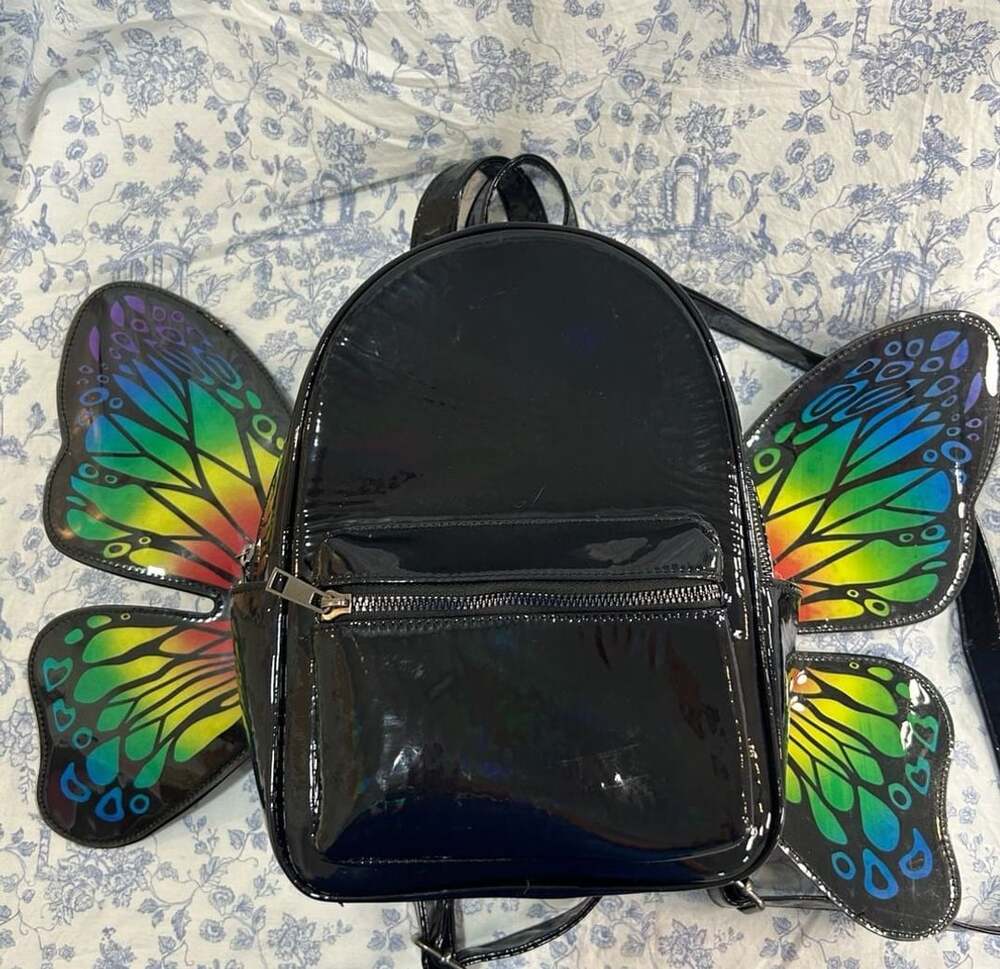 Hot Topic Black Patent Leather Rainbow Butterfly Wings Mini Backpack